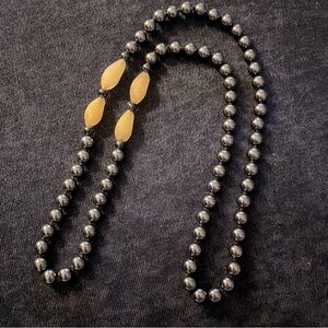 Black Bead Hematite And Natural Stone Necklace 28”